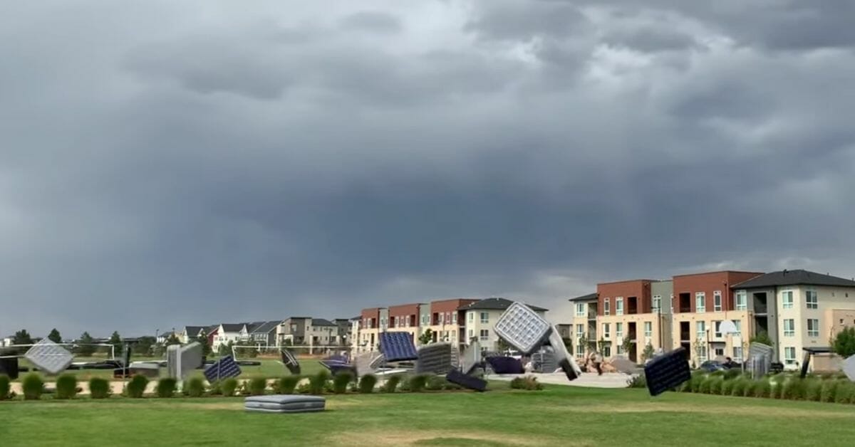 Storm Causes Massive Mattress Migration || ViralHog Occurred on August 17, 2019 / Colorado, USA "We were hanging out by the pool and apparently they were setting up for 'movie night under the stars' with pillows and mattresses and then a storm rolled in." Credit: Robb Manes