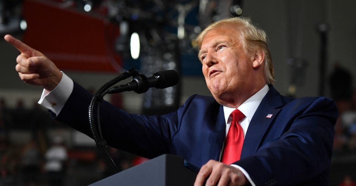 US-POLITICS-VOTE-ELECTION-TRUMP US President Donald Trump speaks at a "Keep America Great" campaign rally at the SNHU Arena in Manchester, New Hampshire, on August 15, 2019. (Photo by Nicholas Kamm / AFP) (Photo credit should read NICHOLAS KAMM/AFP/Getty Images)