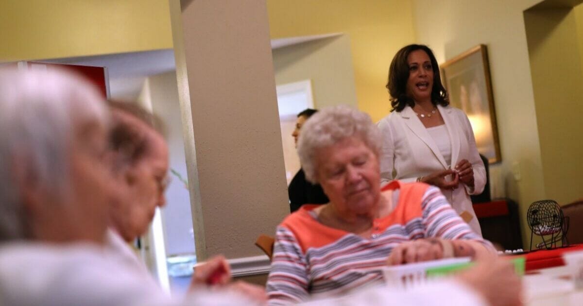 Democratic presidential candidate U.S. Sen. Kamala Harris (D-CA) calls out numbers while playing bingo with residents at Bickford Senior Living Center on August 12, 2019 in Muscatine, Iowa. Kamala Harris is on the final leg of her five-day river-to-river bus tour across Iowa promoting her "3AM Agenda" to Iowans.