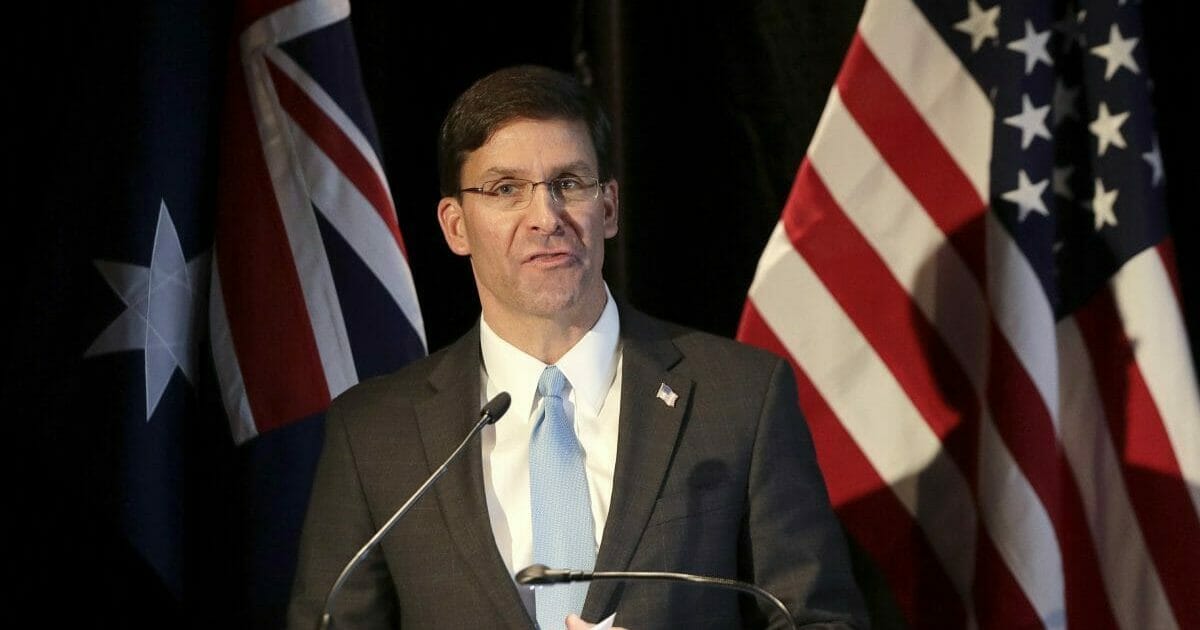 U.S. Defense Secretary Mark Esper briefs the media at a press conference following annual bilateral ministerial talks in Sydney, Australia, Sunday, Aug. 4, 2019.