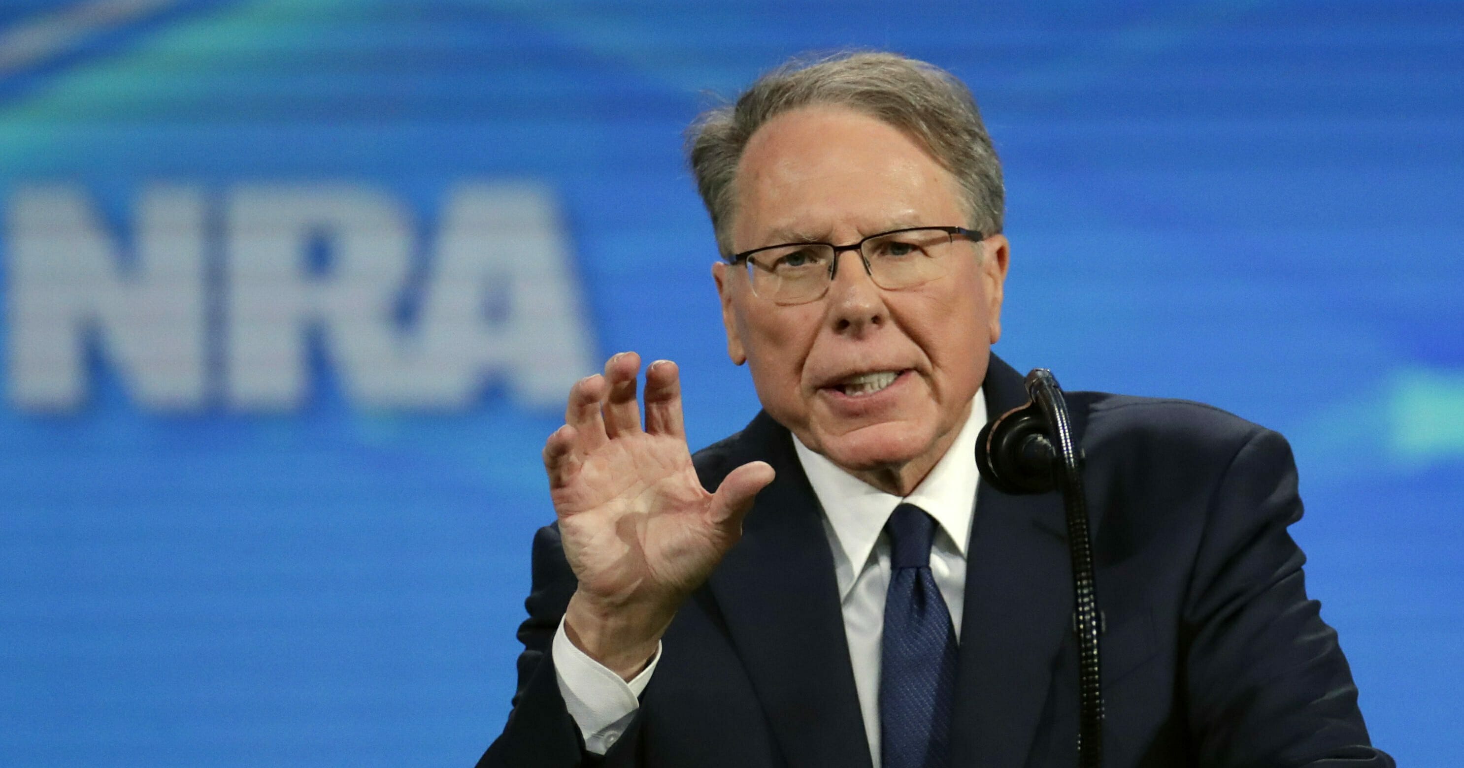 National Rifle Association Executive Vice President Wayne LaPierre speaks at the National Rifle Association Institute for Legislative Action Leadership Forum in Lucas Oil Stadium in Indianapolis, Indiana.