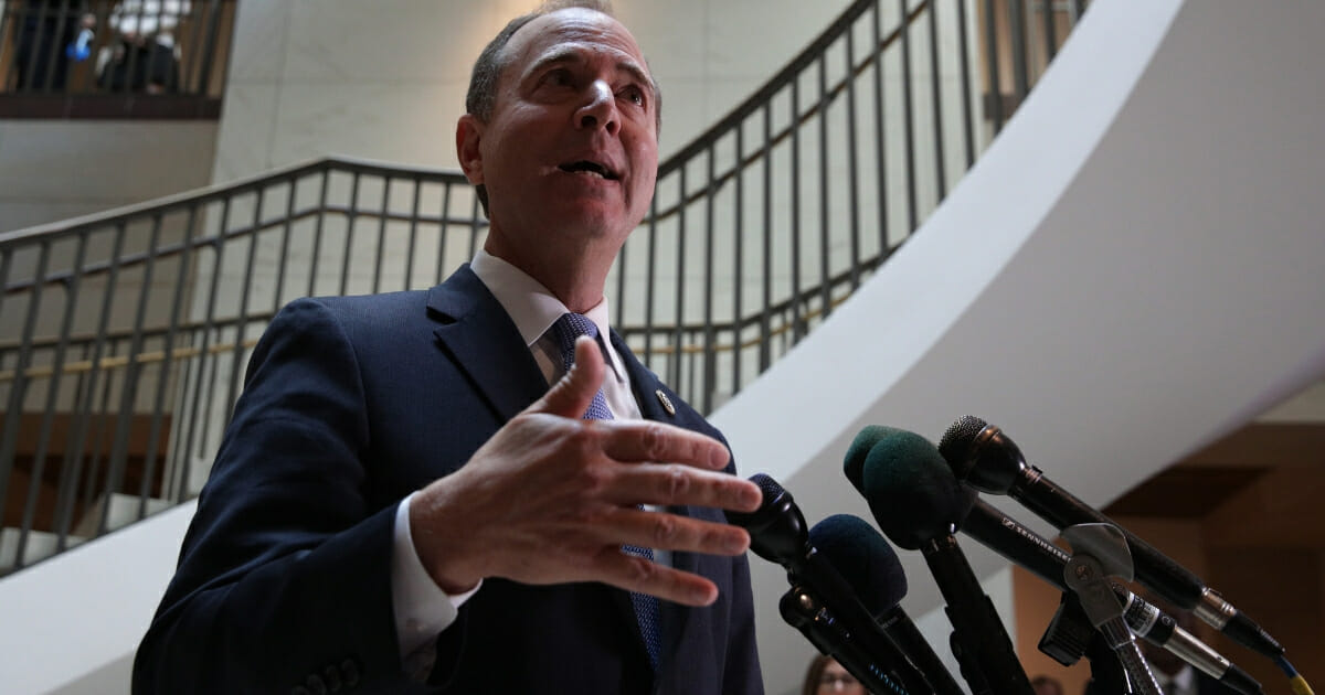 House Intelligence Committee Chairman Rep. Adam Schiff (D-California) speaks to members of the media after Intelligence Community Inspector General Michael Atkinson met behind closed doors with the committee at the U.S. Capitol on Sept. 19, 2019, in Washington, D.C.