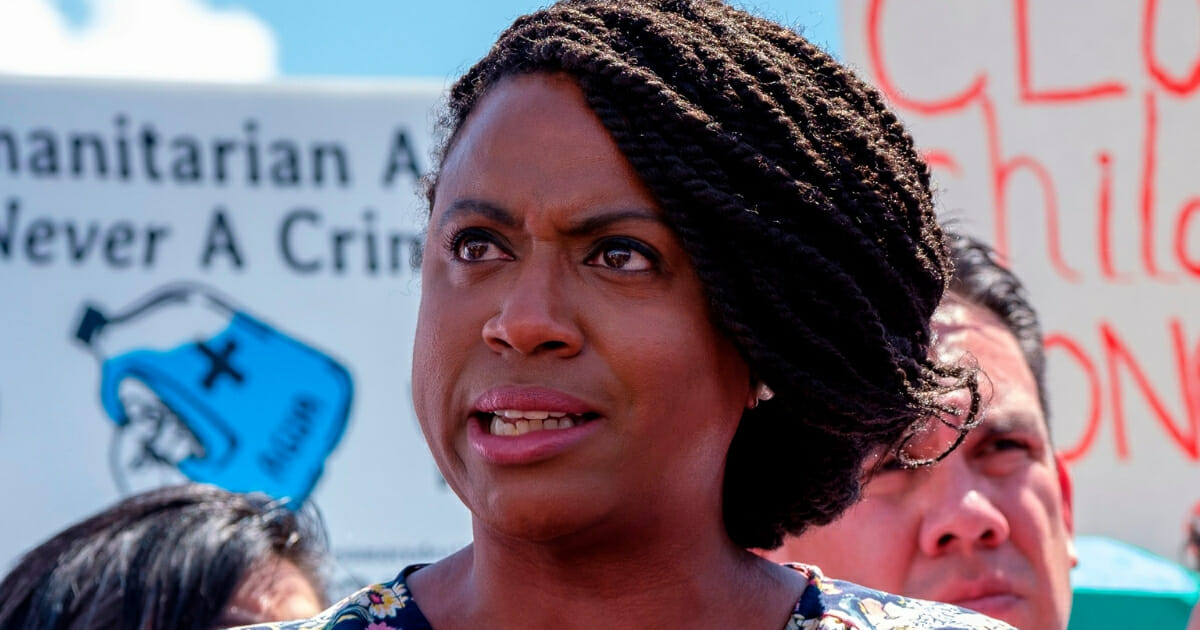 Rep. Ayanna Pressley, D-Mass., speaks during a news conference in Clint, Texas.