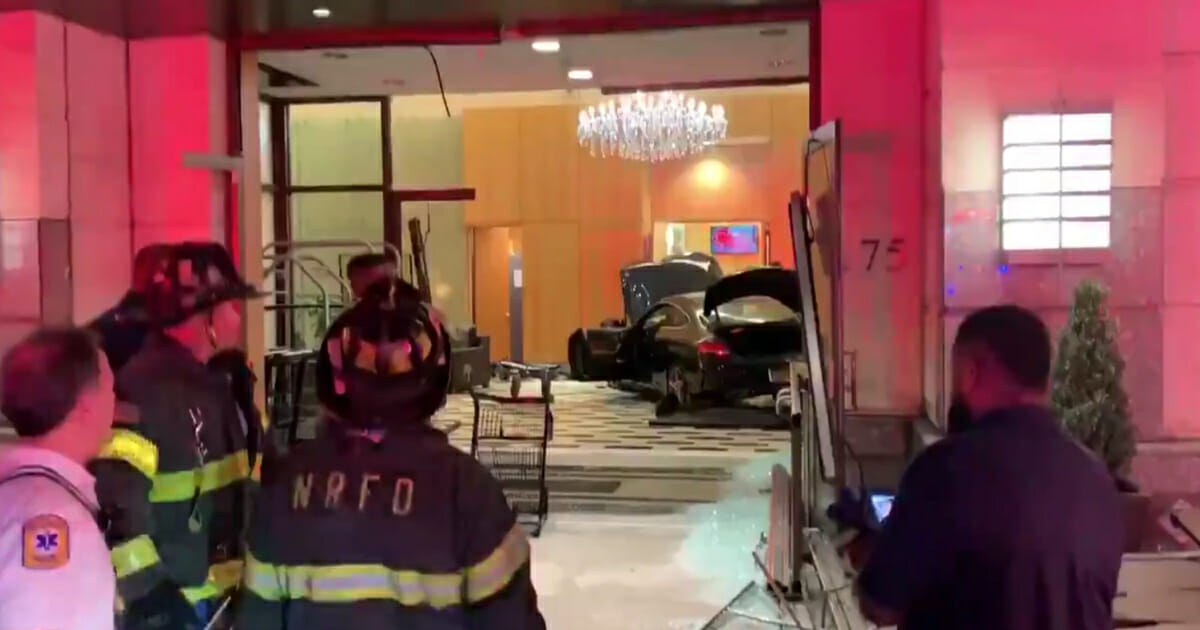 A car crashed into the Trump Plaza lobby.