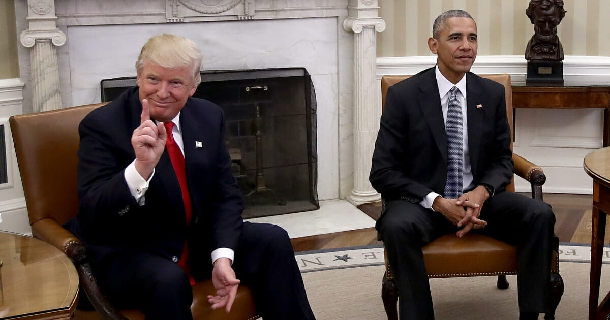 Then-President-elect Donald Trump, left, talks after a meeting with then-President Barack Obama in the Oval Office on Nov. 10, 2016, in Washington, D.C.