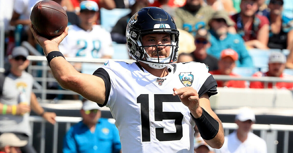 Gardner Minshew of the Jacksonville Jaguars attempts a pass against the Kansas City Chiefs on Sept. 8, 2019, at TIAA Bank Field.