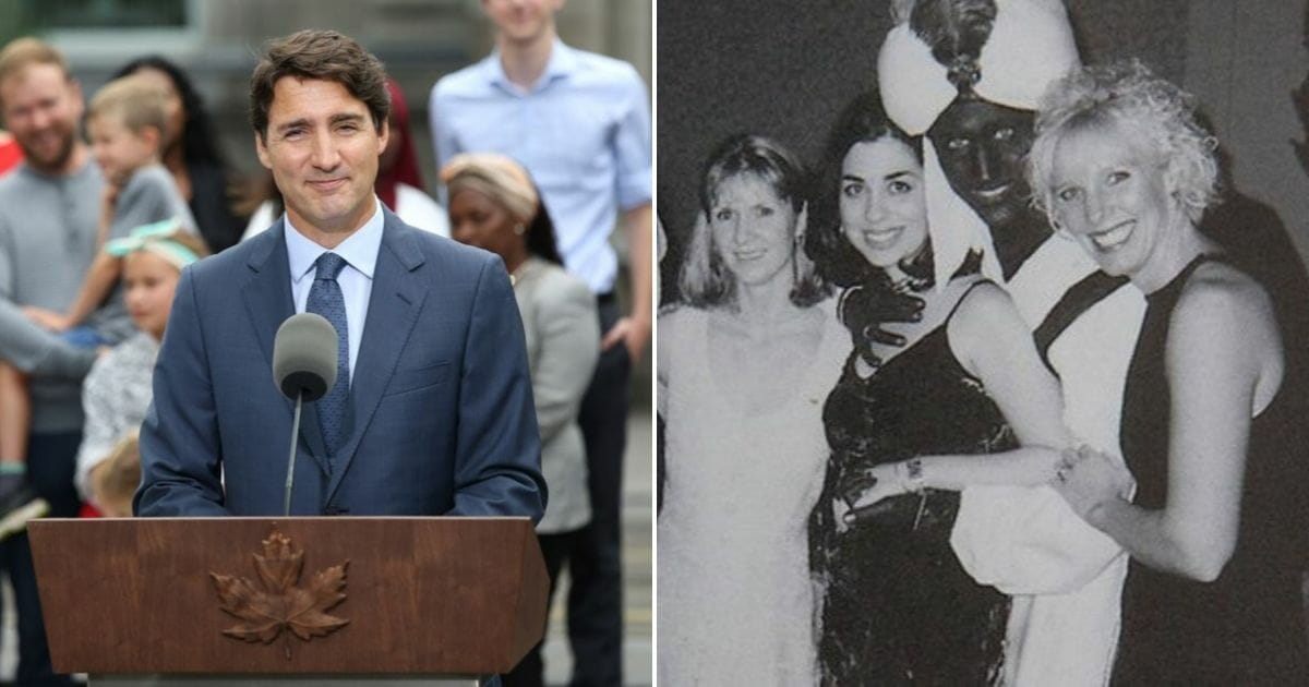 Liberal Party leader and Canada's Prime Minister Justin Trudeau speaks during a news conference at Rideau Hall in Ottawa on Sept. 11, 2019, left. A yearbook photo of Trudeau in brownface, right.