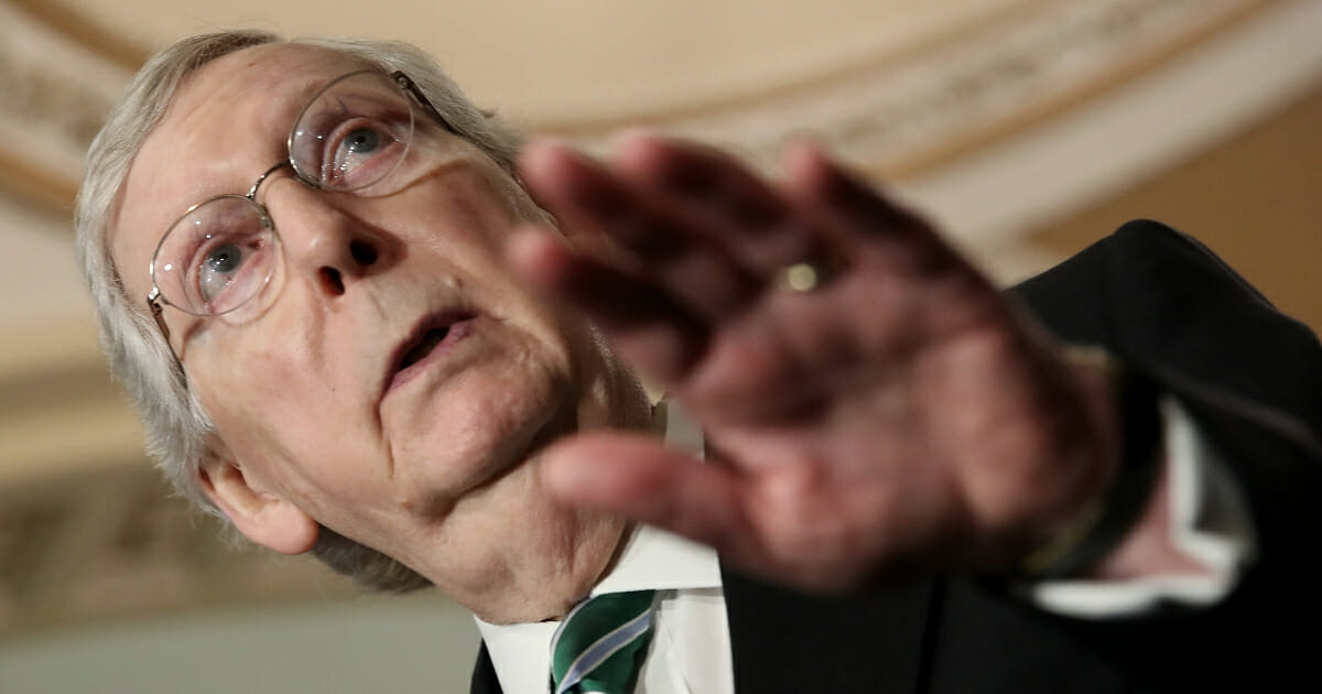 Senate Majority Leader Mitch McConnell (R-Kentucky) answers questions following the weekly Republican policy luncheon on July 30, 2019, in Washington, D.C.