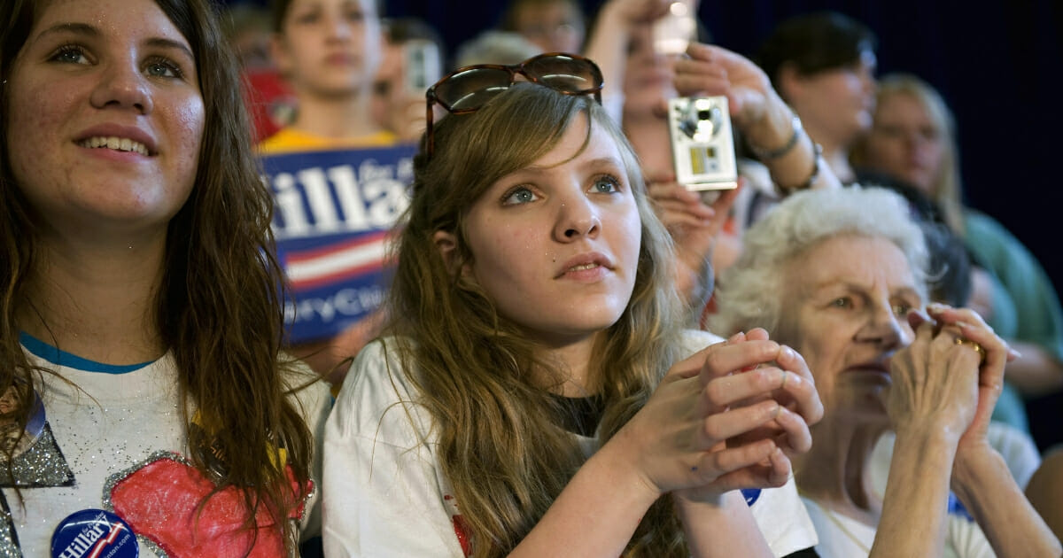 South Dakota Democrats listen to presidential candidate Hillary Clinton during a campaign event at Yankton High School on June 2, 2008.