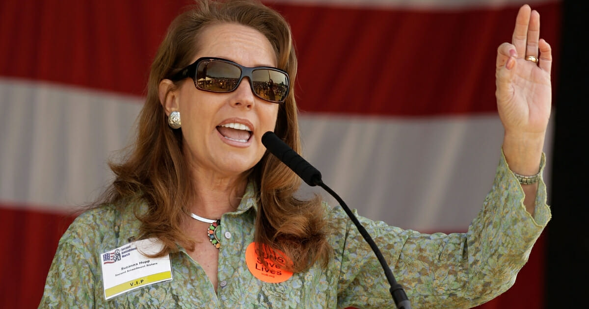 Suzanna Hupp, a former representative in the former Texas House, addresses about 500 pro-gun demonstrators during a rally near the Washington Monument on April 19, 2010 in Washington, D.C.