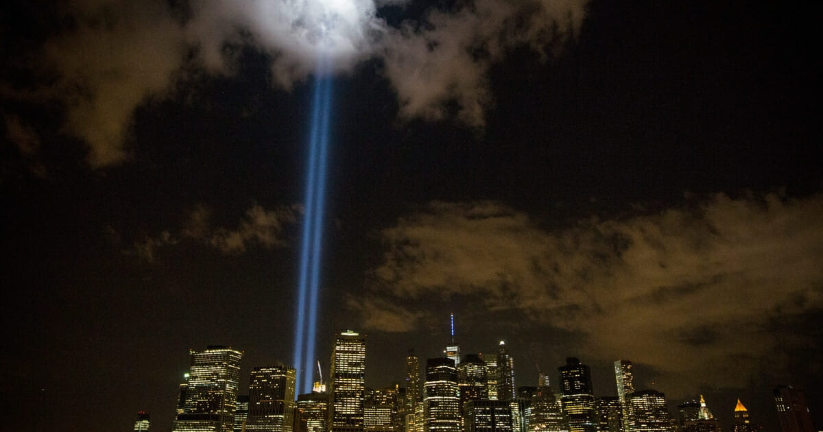 The Sept. 11 Tribute in Light rises from the New York City skyline as seen from the Brooklyn Heights neighborhood of the Brooklyn Borough of New York City on Sept. 11, 2015.