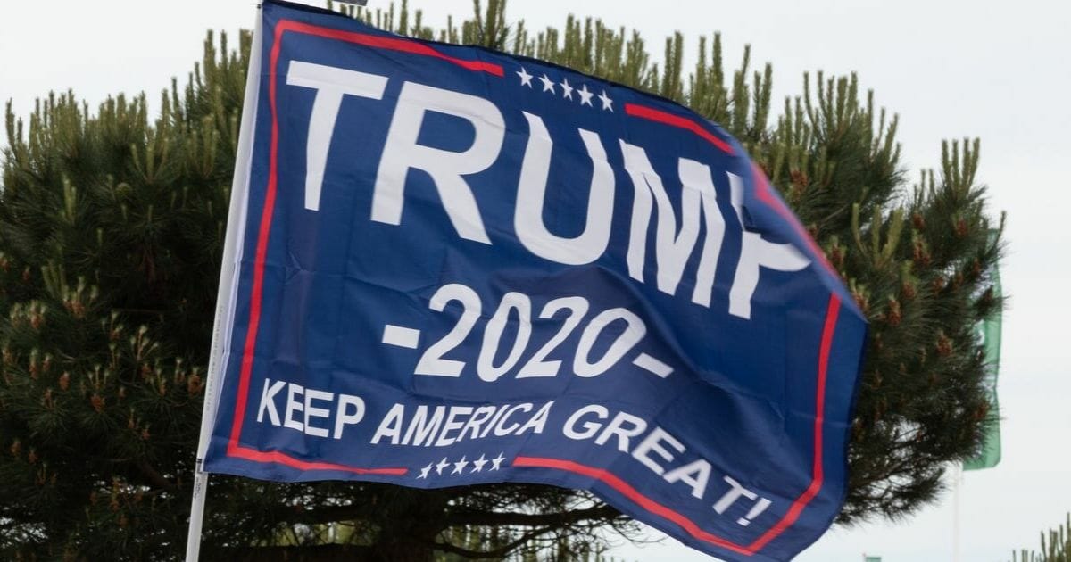 A man holds a sign saying trump 2020 during the d day 75 celebrations in Portsmouth