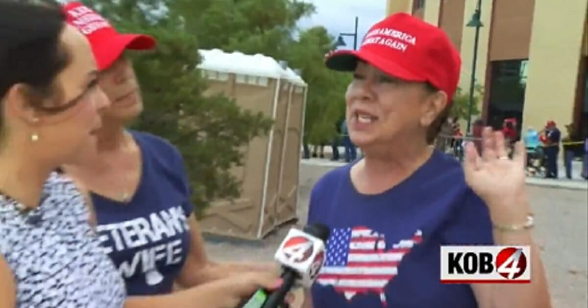 A Trump supporter is interviewed by KOB outside Monday's rally in Rio Rancho, New Mexico.