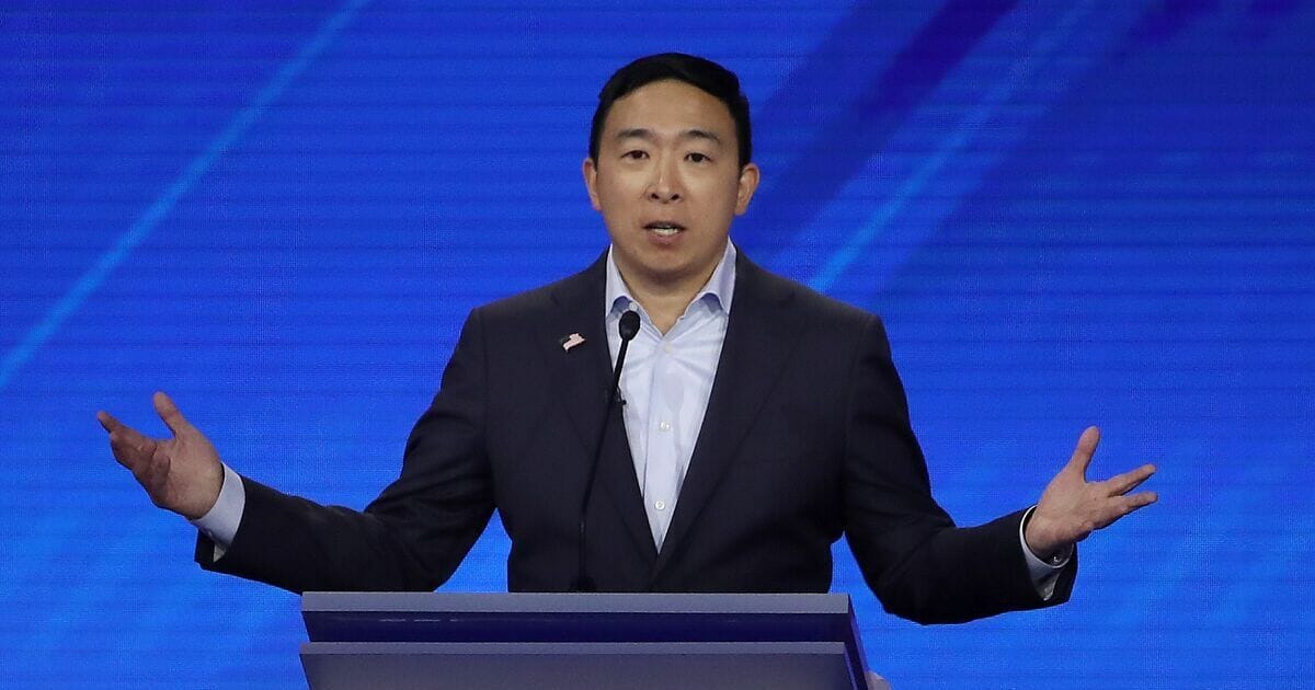 Democratic presidential candidate former tech executive Andrew Yang speaks during the Democratic Presidential Debate at Texas Southern University's Health and PE Center on Sept. 12, 2019, in Houston, Texas.