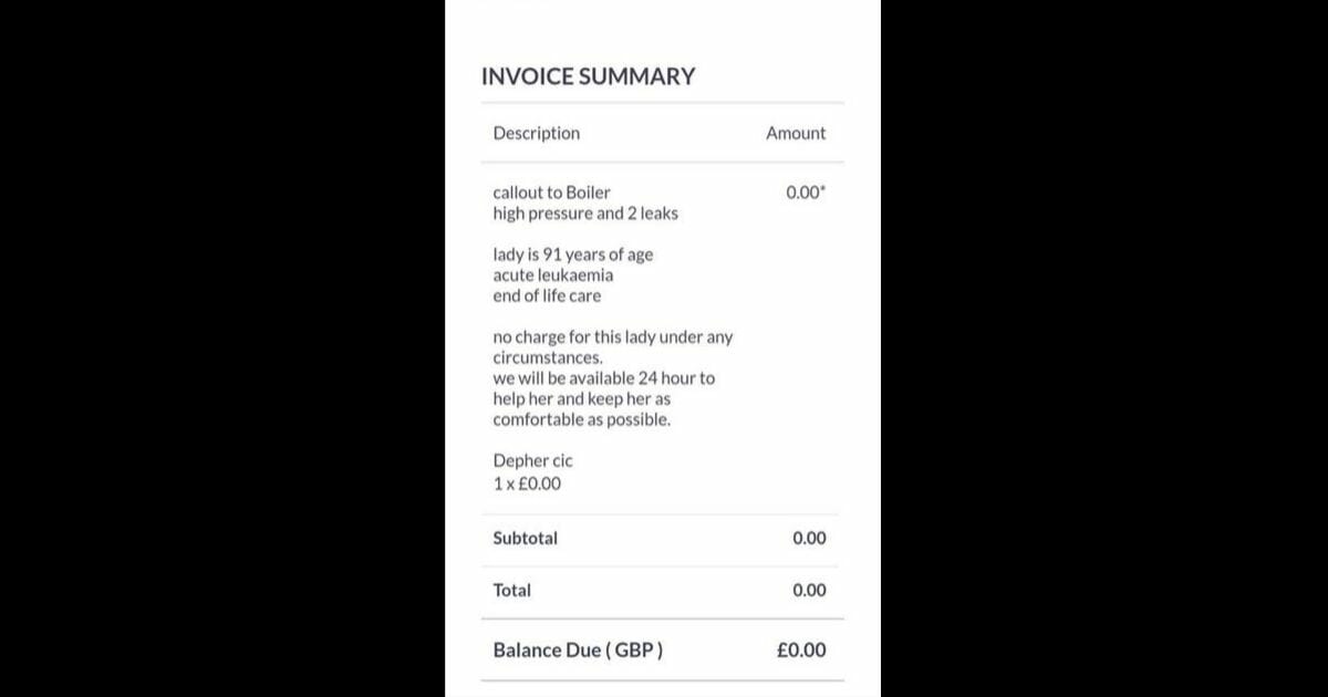 The plumbing invoice posted on Facebook by Christine Rowlands of Padiham in the United Kingdom.