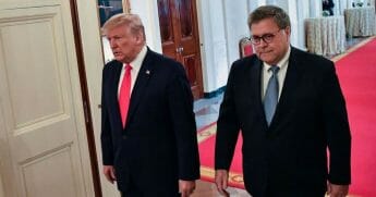 William Barr and President Donald Trump together at the White House.