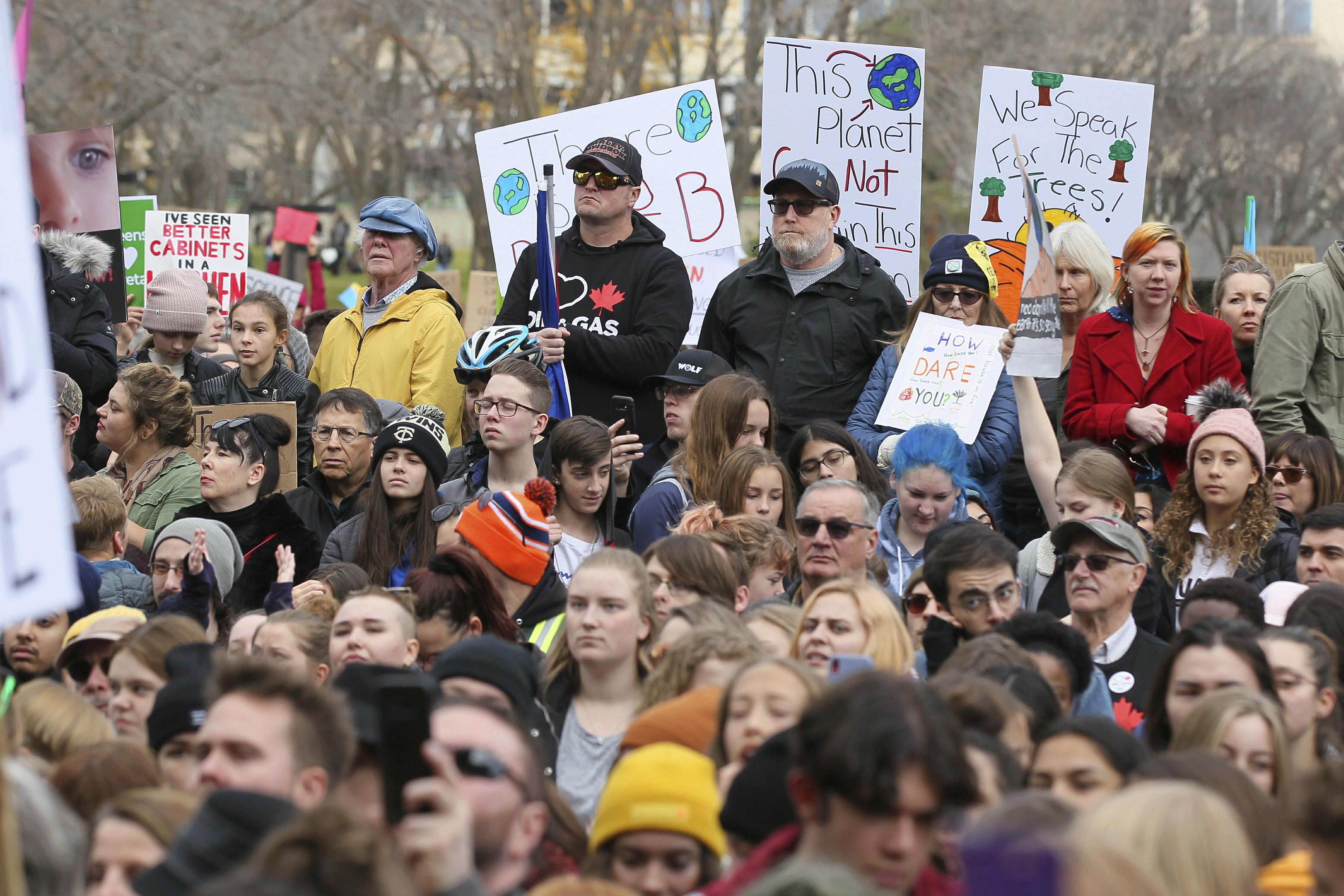 Climate change activists gather for a march and rally with Swedish climate activist Greta Thunberg at the Alberta Legislature Building in Edmonton, Alberta, on Friday, Oct. 18, 2019.