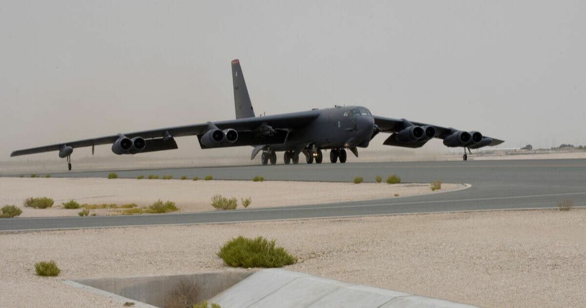 A U.S. Air Force B-52H Stratofortress aircraft assigned to the 20th Expeditionary Bomb Squadron taxis for takeoff on a runway at Al Udeid Air Base in Qatar on May 12, 2019.