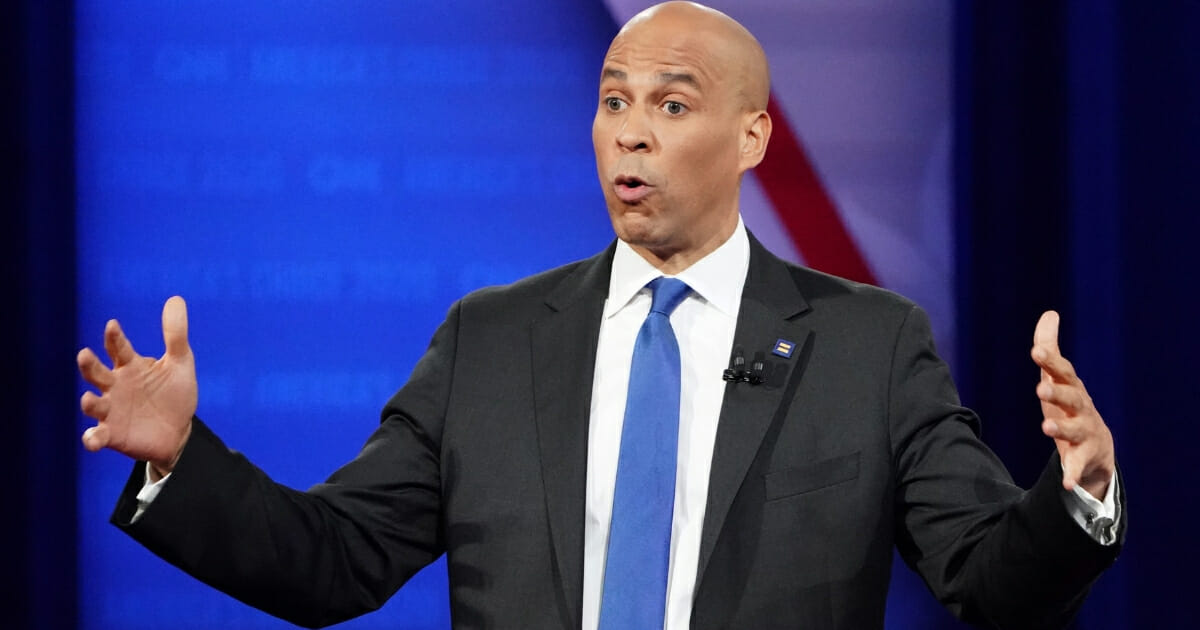 Democratic presidential candidate Sen. Cory Booker (D-New Jersey) answers a question at the Human Rights Campaign Foundation and CNN’s presidential town hall, focused on LGBT issues, on Oct. 10, 2019, in Los Angeles, California.