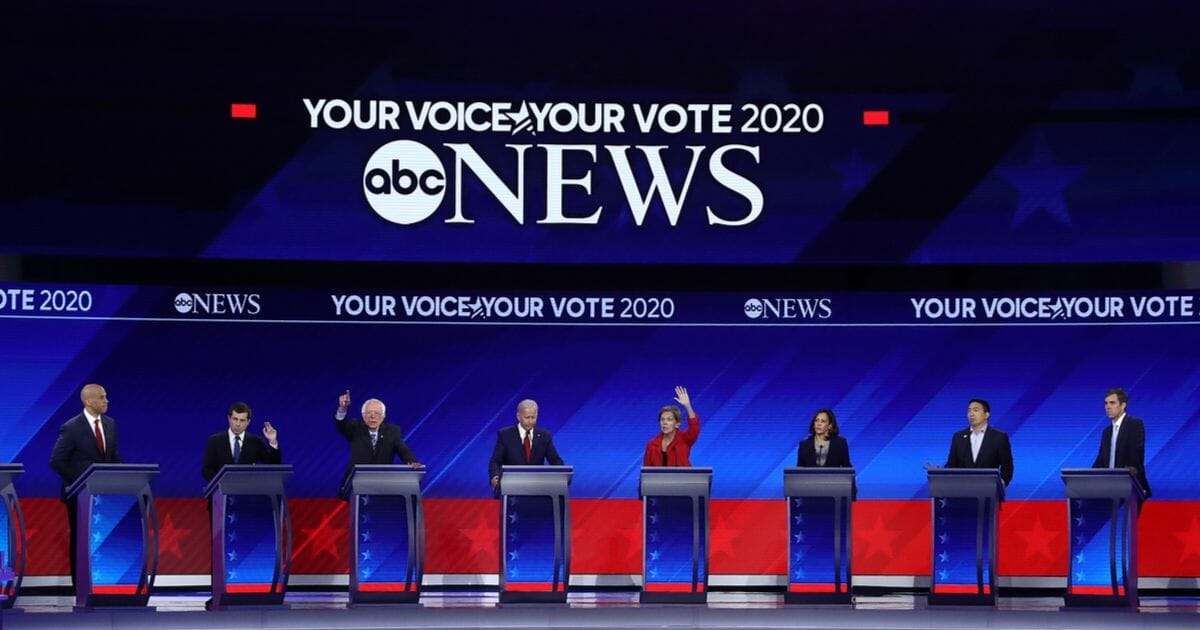 2020 Democratic presidential candidates debate on stage during the Democratic Presidential Debate at Texas Southern University's Health and PE Center on Sept. 12, 2019, in Houston, Texas.