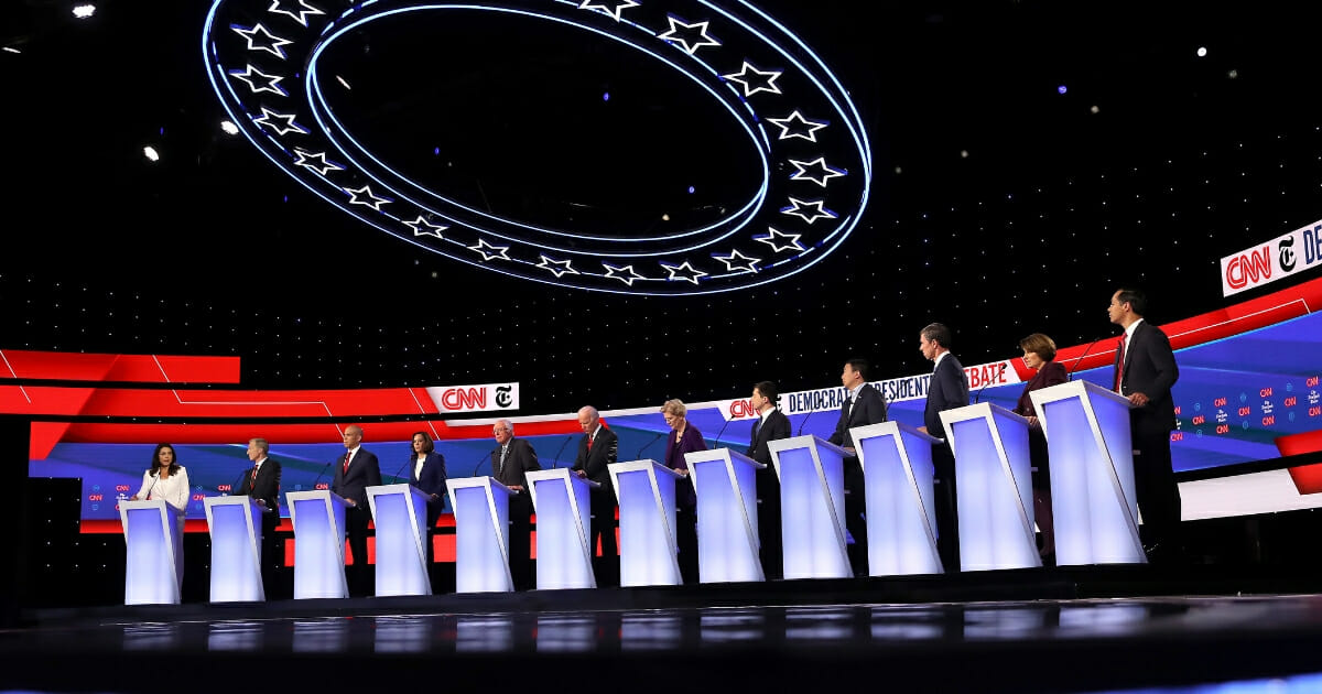 Candidates on stage during the Democratic presidential debate at Otterbein University on Oct. 15, 2019, in Westerville, Ohio.