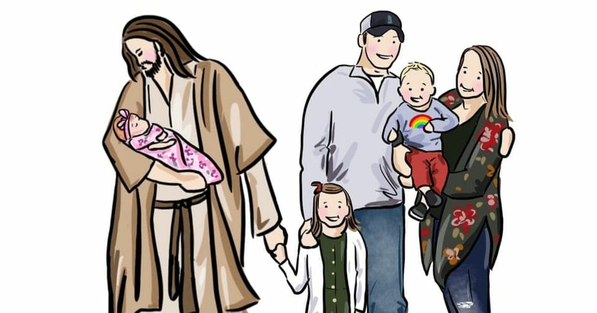 A drawn picture of Jesus holding a baby and the hand of a little girl standing with her family.