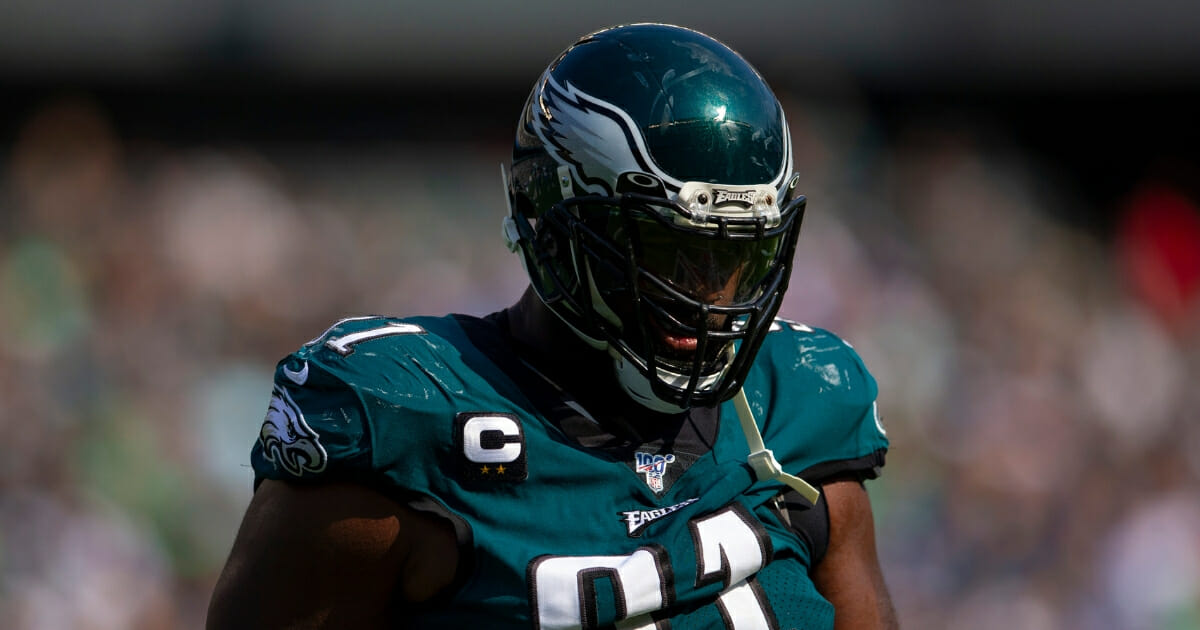 Fletcher Cox #91 of the Philadelphia Eagles walks to the sideline after the Detroit Lions scored a touchdown in the fourth quarter at Lincoln Financial Field on Sept. 22, 2019, in Philadelphia, Pennsylvania.