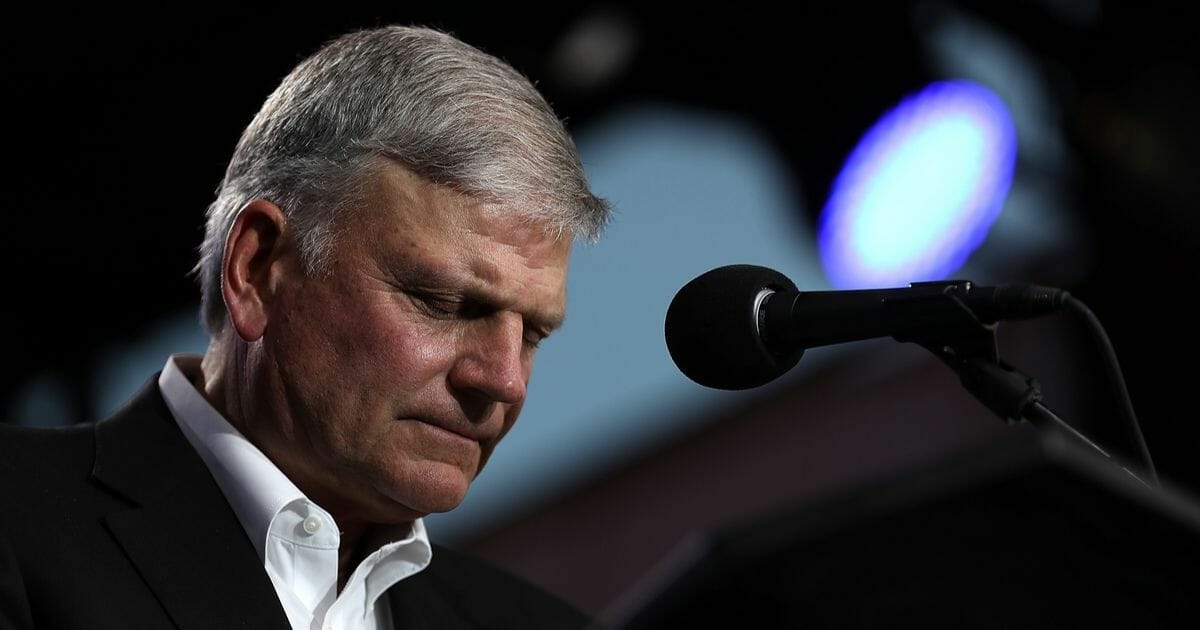 Rev. Franklin Graham speaks during Franklin Graham's "Decision America" California tour at the Stanislaus County Fairgrounds on May 29, 2018, in Turlock, California.