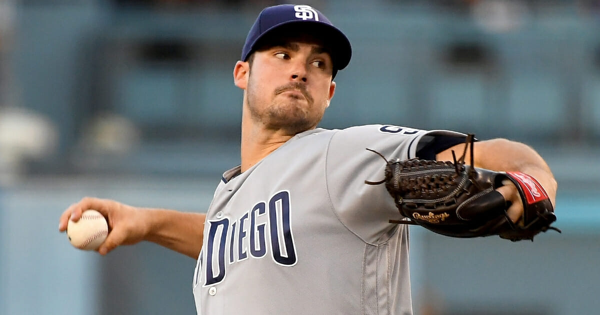 Jacob Nix of the San Diego Padres pitches against the Los Angeles Dodgers at Dodger Stadium on Sept. 22, 2018.