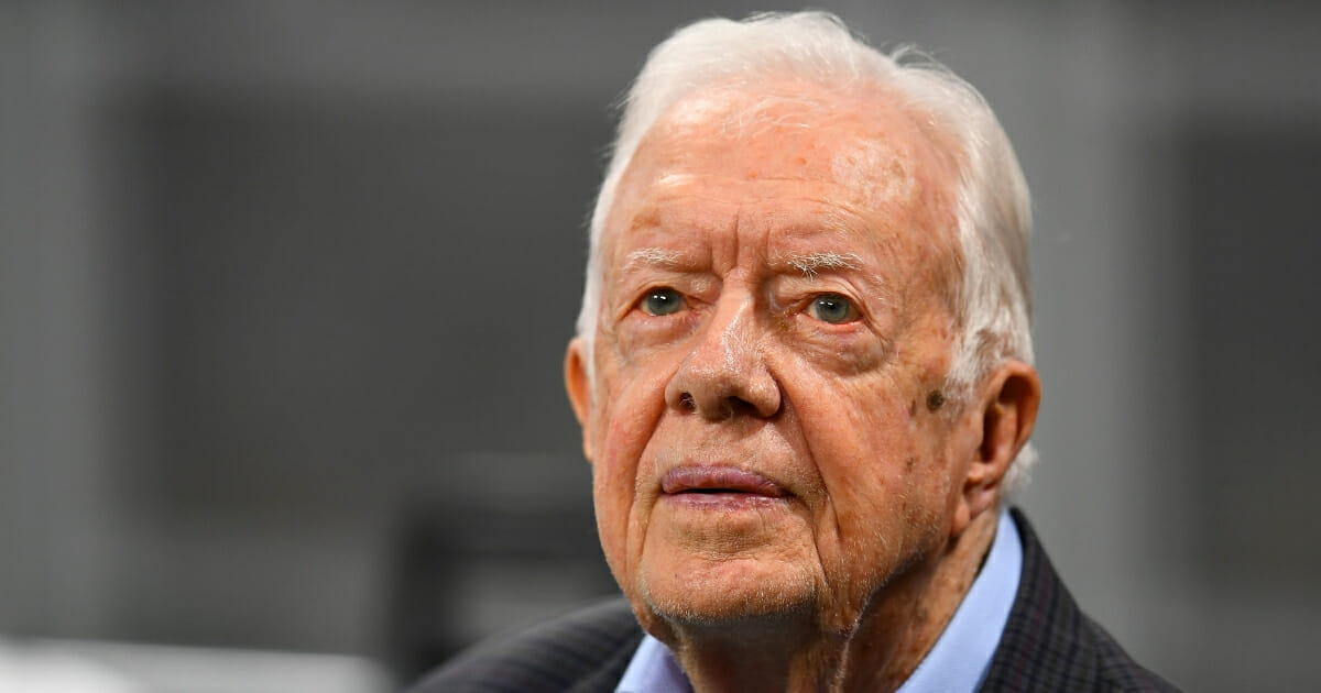 Former President Jimmy Carter prior to the game between the Atlanta Falcons and the Cincinnati Bengals at Mercedes-Benz Stadium on Sept. 30, 2018, in Atlanta, Georgia.