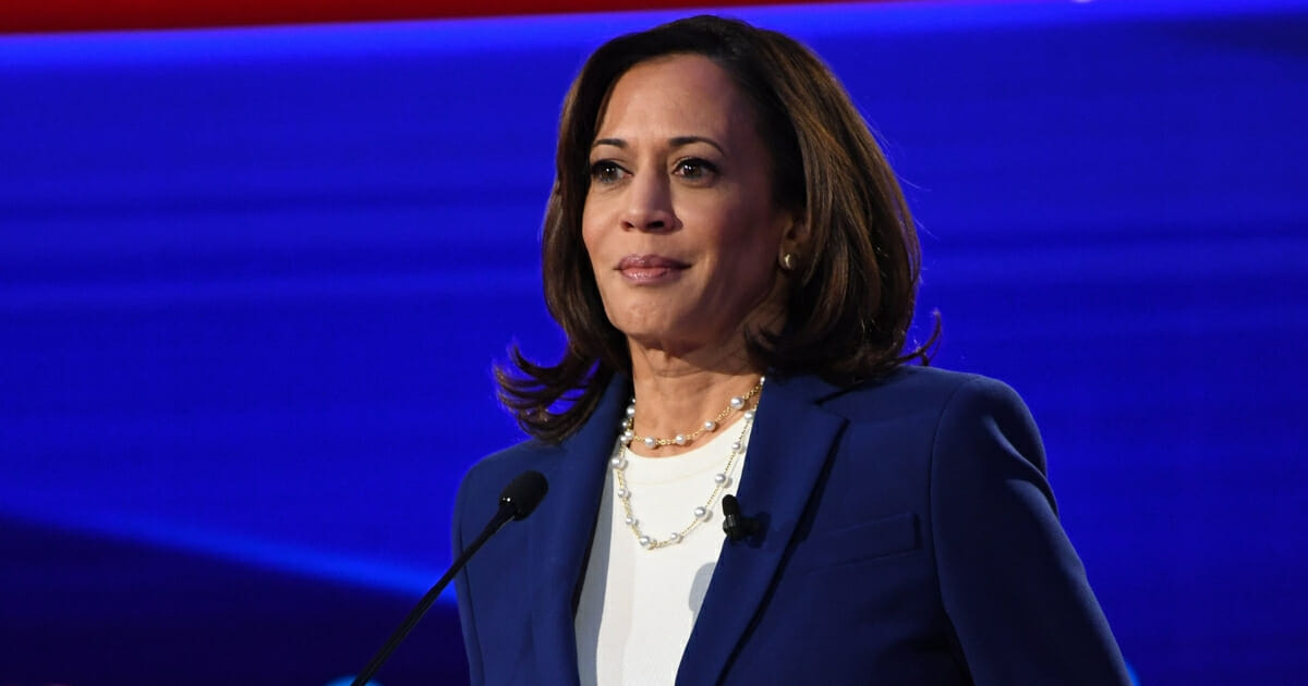 Democratic presidential hopeful California Sen. Kamala Harris looks on during the fourth Democratic primary debate of the 2020 presidential campaign season co-hosted by The New York Times and CNN at Otterbein University in Westerville, Ohio, on Oct. 15, 2019.