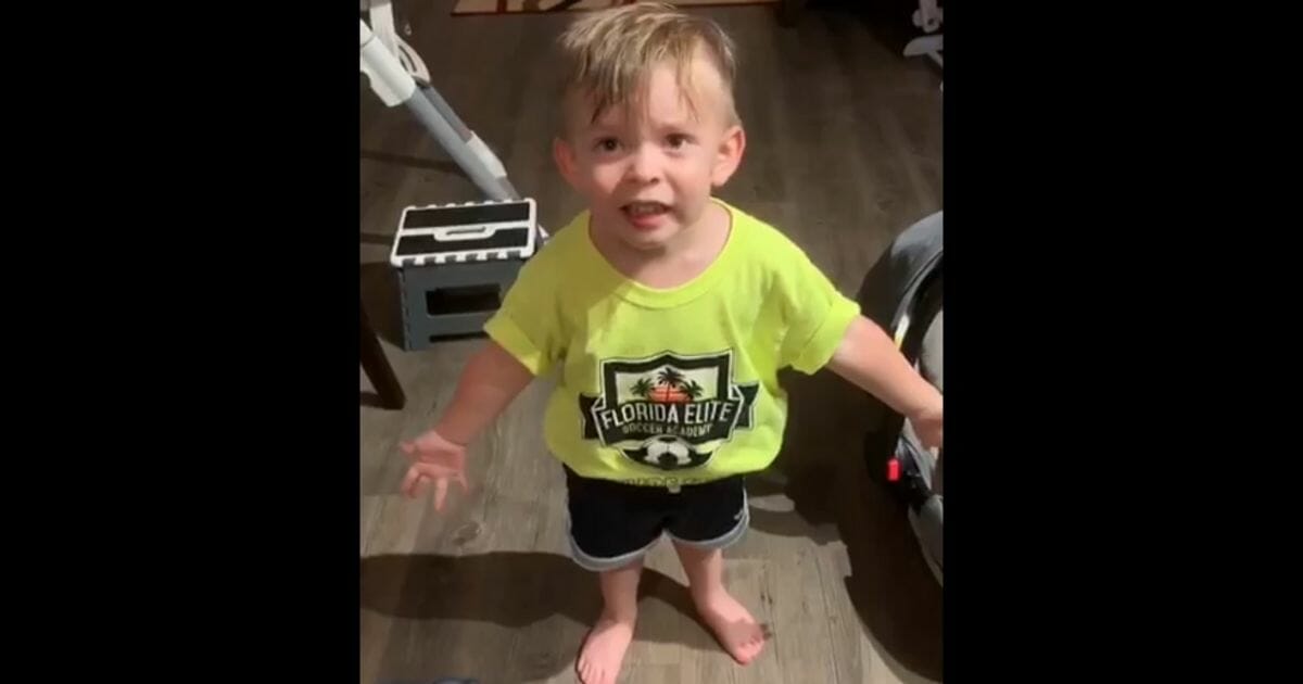 A shocked toddler holds out his arms.