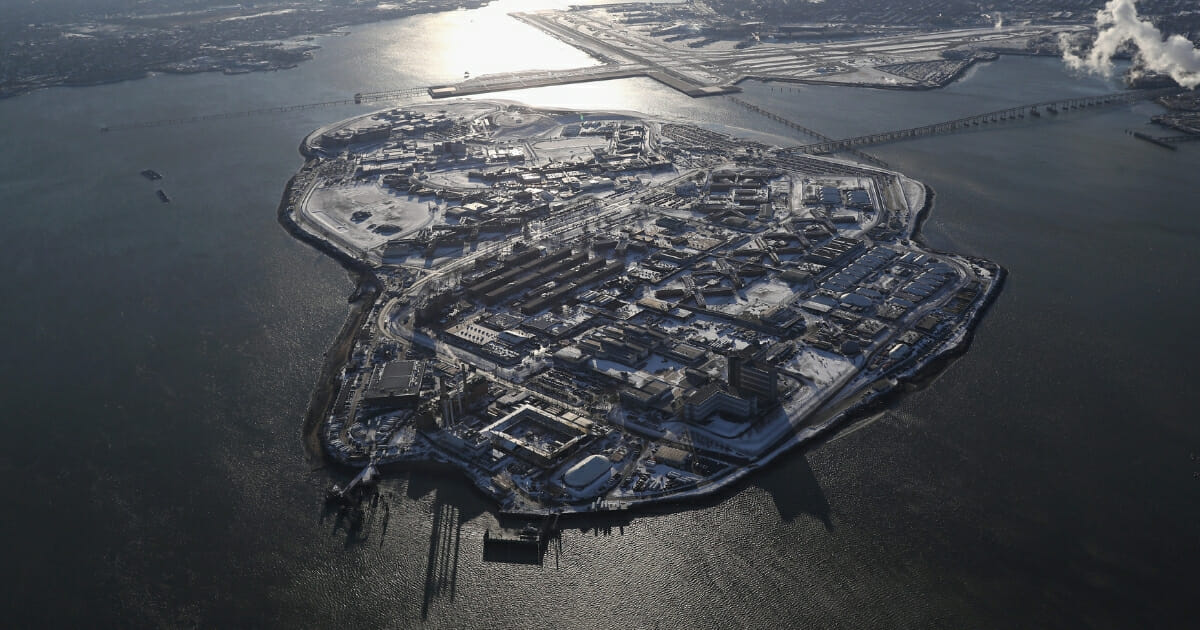 The Rikers Island jail complex stands under a blanket of snow on Jan. 5, 2018 in the Bronx borough of New York City.