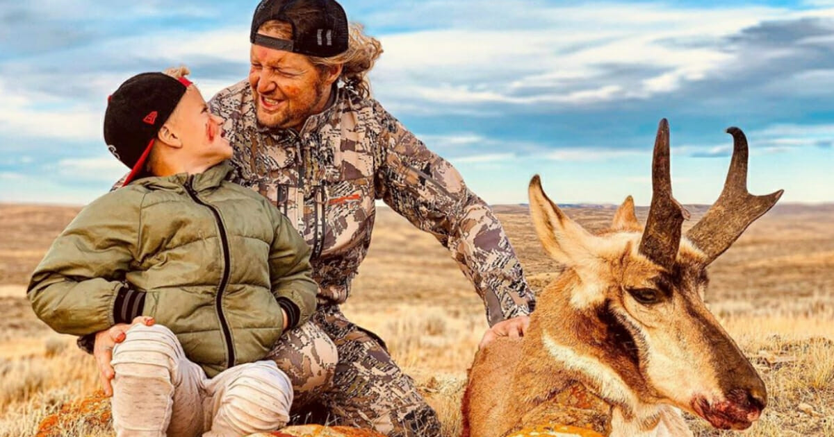 Worship leader and congressional candidate Sean Feucht and his son with a pronghorn antelope.