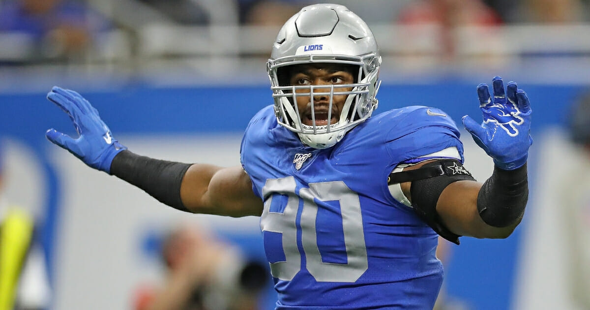 Trey Flowers #90 of the Detroit Lions reacts to a third down stop during the game against the Kansas City Chiefs at Ford Field on Sept. 29, 2019, in Detroit, Michigan.
