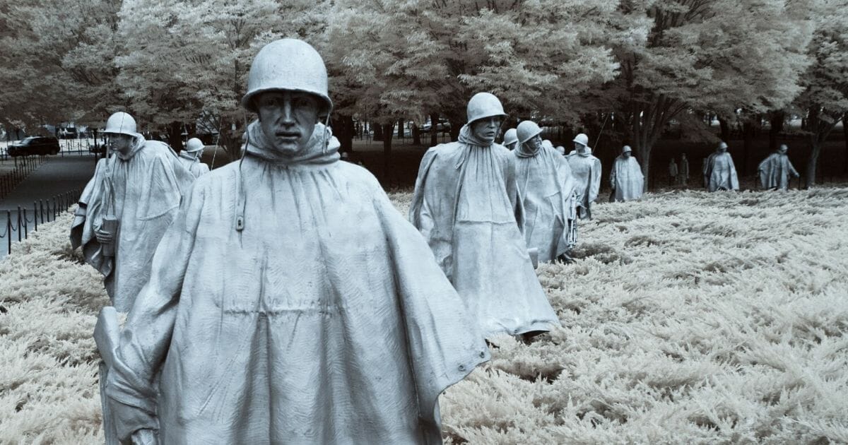 Statues of soldiers at the Korean War Memorial.