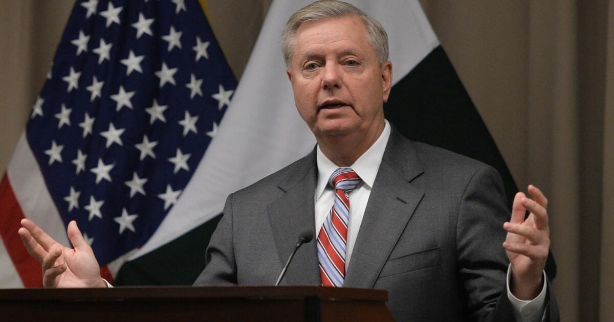 Sen. Lindsey Graham is pictured in a file photo addressing reporters at a Jan. 20 news conference at the U.S. Embassy in Islamabad, Pakistan.