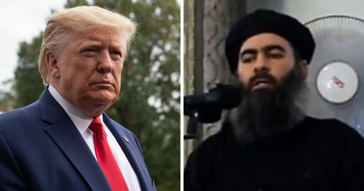 President Donald Trump on Sunday announced the death of Islamic State group leader Abu Bakr al-Baghdadi, right.