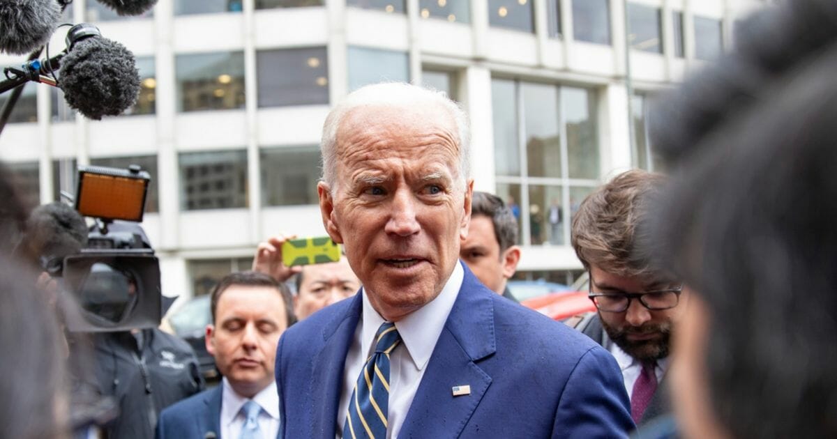 Former Vice President Joe Biden speaks to the media at the International Brotherhood of Electrical Workers Construction and Maintenance conference on April 5, 2019, in Washington, D.C.