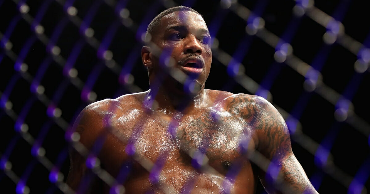 Walt Harris reacts after defeating Andrei Arlovski during UFC 232 at the Forum in Inglewood, California, on Dec. 29, 2018.