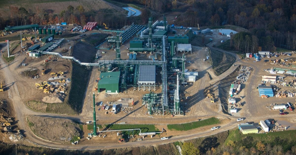 An aerial view shows a natural gas cryogenic processing plant under construction Oct. 26, 2017 in Smith Township, Washington County, Pennsylvania.