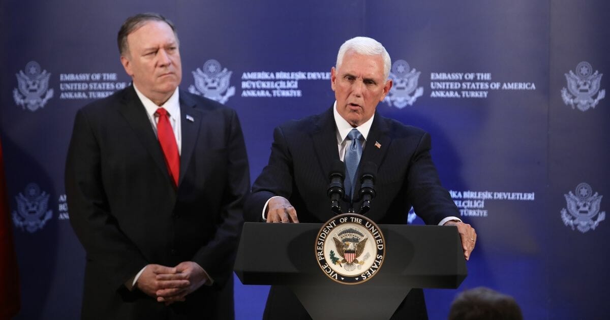 U..S. Secretary of State Mike Pompeo (L) and U.S. Vice President Mike Pence (R) hold a press conference at the U.S. Embassy in Ankara on Oct. 17, 2019 in Ankara, Turkey.