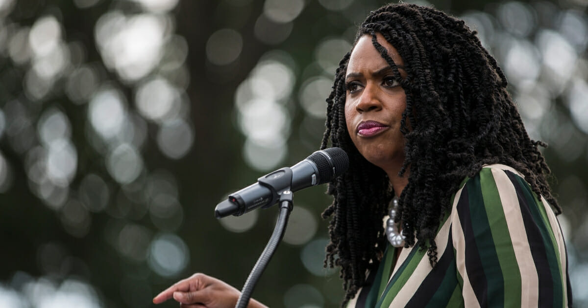 Rep. Ayanna Pressley (D-Massachusetts) speaks at a rally hosted by Progressive Democrats of America on Capitol Hill on Sept. 26, 2019, in Washington, D.C.