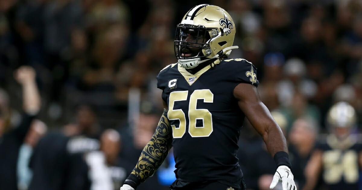 Demario Davis of the New Orleans Saints is in action against the Arizona Cardinals at the Mercedes Benz Superdome.