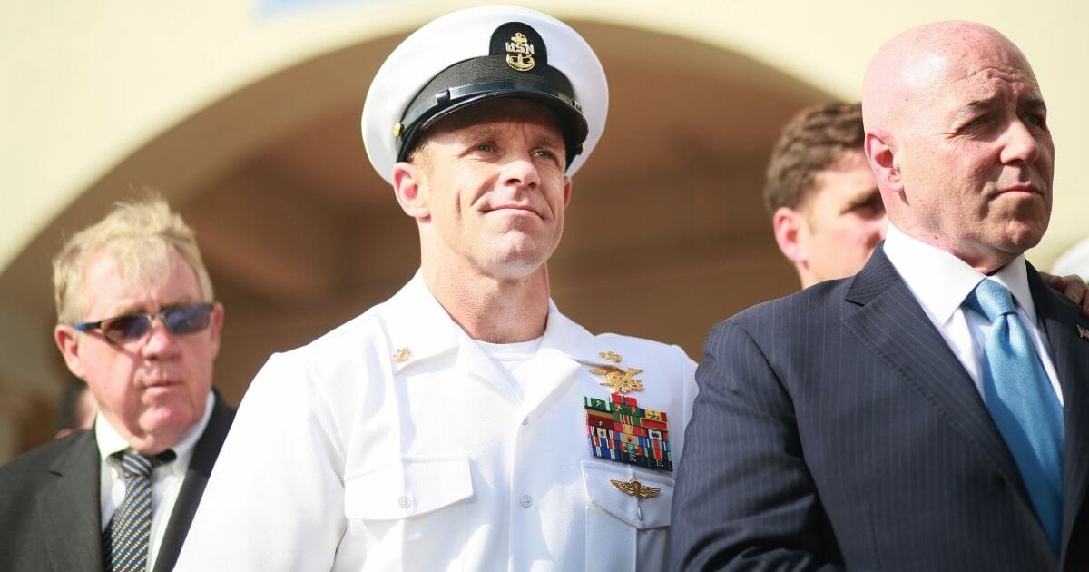 Navy Special Operations Chief Edward Gallagher celebrates after being acquitted of premeditated murder at Naval Base San Diego on July 2, 2019, in San Diego, California.