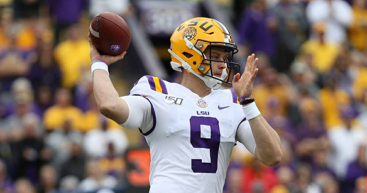 Quarterback Joe Burrow #9 of the LSU Tigers in action against the Auburn Tigers at Tiger Stadium on Oct. 26, 2019, in Baton Rouge, Louisiana.