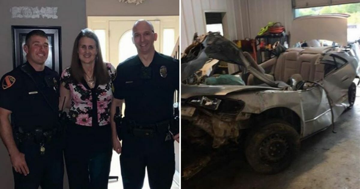 A woman with two officers, left, and a crashed car, right.