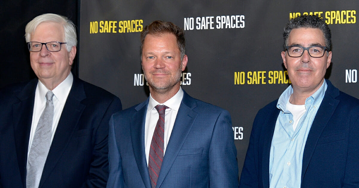 From left, Dennis Prager, Dominik Andrzejczuk and Adam Carolla attend the premiere of the film "No Safe Spaces" at TCL Chinese Theatre in Hollywood, California.