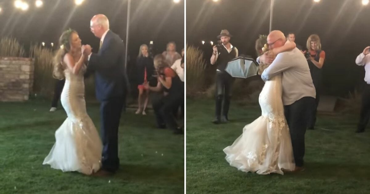 The bride had a surprise dance with seven of her late father's colleagues.