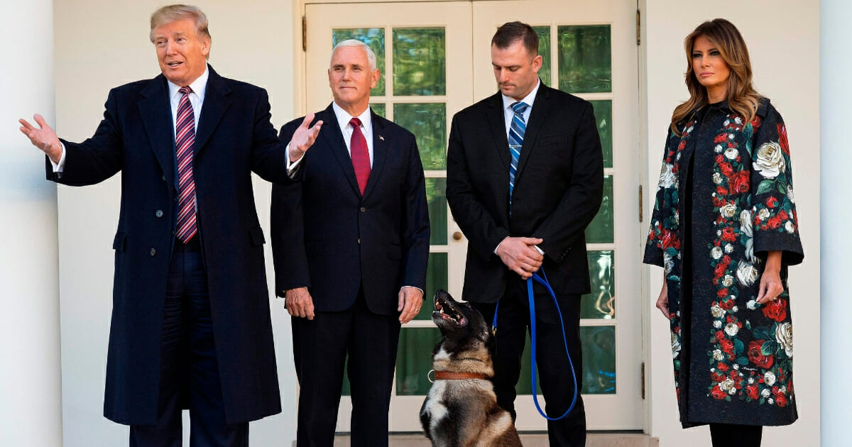 President Donald Trump, Vice President Mike Pence and first lady Melania Trump stand with Conan, the military dog involved in the death of Islamic State leader Abu Bakr al-Baghdadi, at the White House in Washington on Nov. 25, 2019.